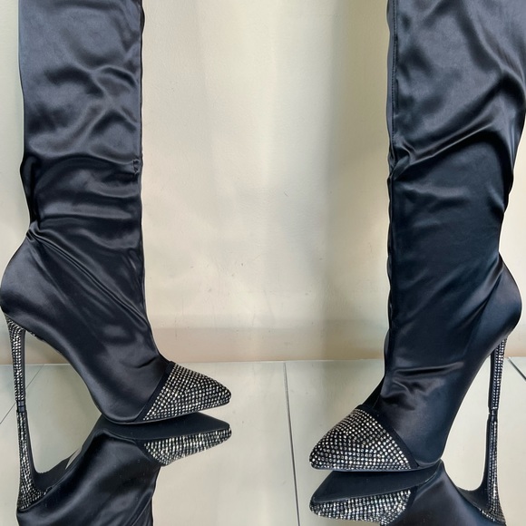 Black Satin Rhinestone Embellished Over the Knee Boots - Picture 5 of 12